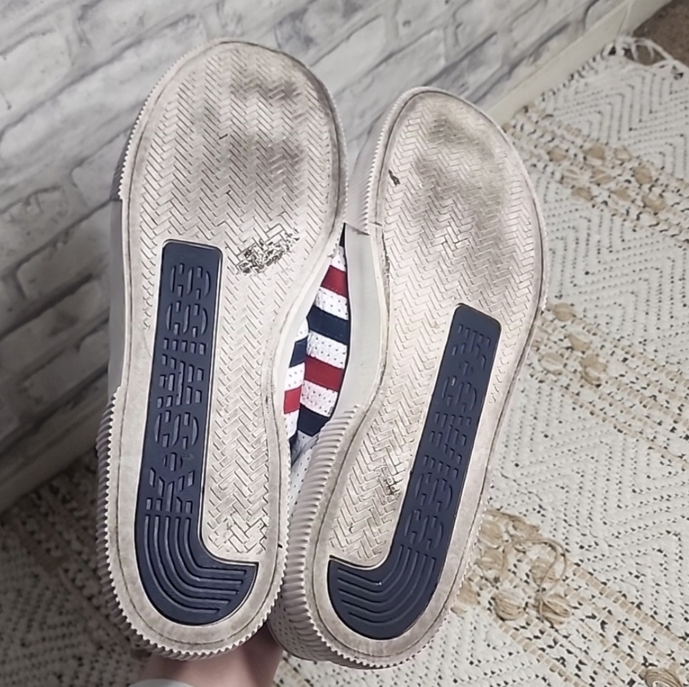 K Swiss Classic Red Blue Stripe White Sneakers Tennis Shoes - Picture 3 of 13
